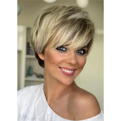 China Wholesale Natural Looking Pixie Cut Hair Short Synthetic Wigs Brown Blonde Bob Wig Heat Resistant With Bangs For White Women for sale