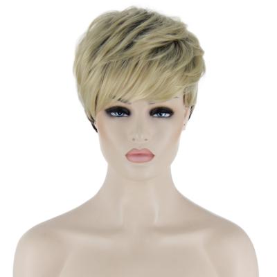 China Wholesale Cheap Short Synthetic Wigs Glueless Pixie Cut Curly Blonde Brown Natural Looking Hair Lace Up Non Lace Wig For Women for sale