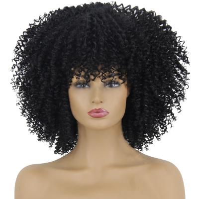 China Short Afro Curly Natural Looking Kinky Wigs For Black Women, Big Black Fluffy Hair Replacement Wig With Bangs, Cute Natural Look for sale