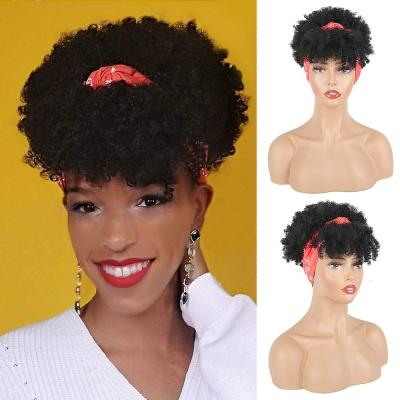 China Wholesa Pretty and Soft Cheap Headband Wigs For Women Color 2 In 1 Afro Wrap Short Curly Synthetic Drawstring Full Turban Wigs With Headband for sale