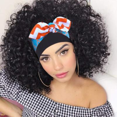 China Natural Looking Headband Wigs For Black Women Afro Kinky Curly Turban Wigs With Tape Black Heat Resistant Fiber Synthetic Hair Flannel Wig for sale