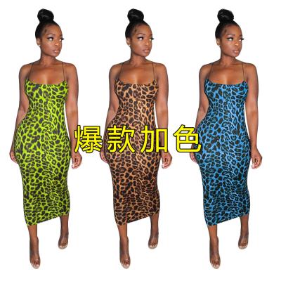 China 2022 Summer Anti-Static Anti-static Leopard Print Spaghetti Strap Midi Dress Fashion xs Bodycon Casual Outfits Women for sale