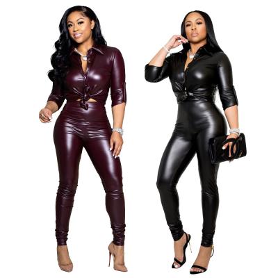 China Wholesale fashion anti-pilling two piece leather jacket long sleeves sets high waist leather pants sets women 2 pieces for sale