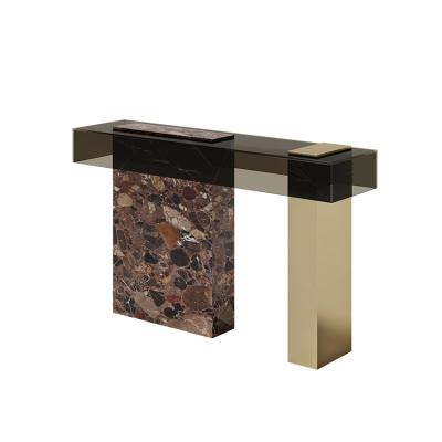 China 2020 new arrival stainless steel marble console table console modern simple gold natural marble base clear brown tempered glass table top for sale