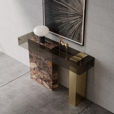 China Living Room Glass Luxury Marble Base Corner Decoration Table Hallway Stainless Steel Gold Glass Console Table for sale