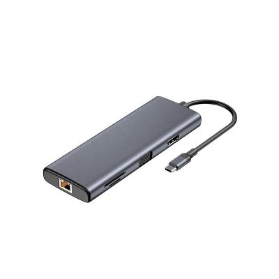 China Aluminum+ABS USB-C 9in1 Hub, HD-MI 4K 30Hz VGA 1080p 1*USB-A 3.0 + 2*USB 2.0 + Ethernet USB-C PD100W Charging + SD TF Adapter for sale