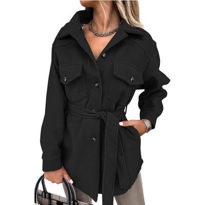 China 2021 Autumn And Winter New Amazon Pure Color Ladies Breathable Wool Coat With Belt Jacket for sale