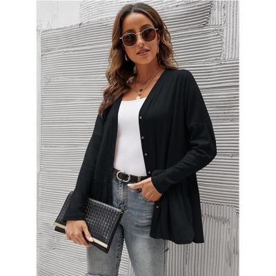 China Anti-wrinkle ladies button blouse women fall tops coat cardigan solid color v-neck ladies blouses tops for sale