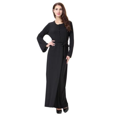 China New Style Ladies Summer Dress Anti-Static Loose O-Neck Belt Casual Dress Long Sleeve Black Solid Color for sale