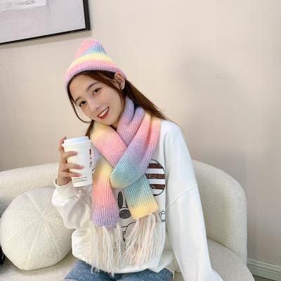 China 2021 Autumn Winter Fashion Girls' Gradient Rainbow Tie Dyed Wool Knitted Hat Scarf Set for sale