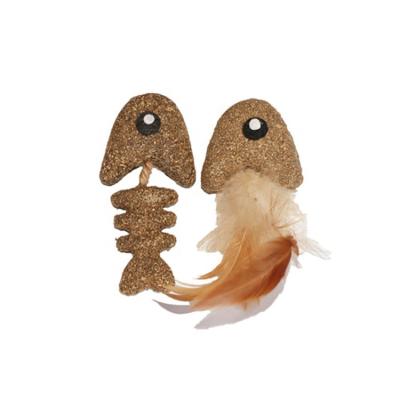 China New Design Viable Catnip Fish Bone Shape With Feather Chew Pet Catnip Cat Toys for sale