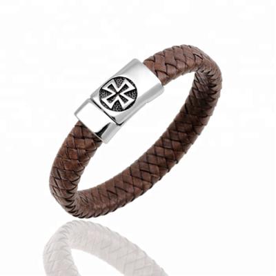 China New CLASSIC Punk Magnetic Clasp Cross Logo Stainless Steel Bracelet Braided Leather Bracelet for sale