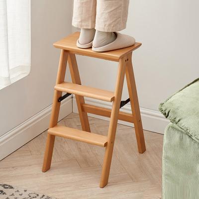 China Indoor Folding Wooden Step Stool Kitchen Ladders Small Foot Sneaks Flower Portable Stand Bench Wooden 3 Step Folding Stool for sale