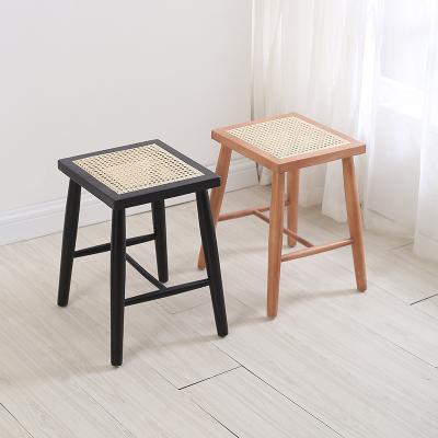 China Assembled Modern Solid Wood Stools Bedroom Living Room Counter Bar Stool Breathable Accent Rattan Armless Wooden Square Handmade for sale