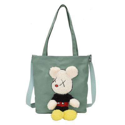 China Cute Bear Tote Bag Big Capacity Canvas Plush Waterproof Kids Bag Women Canvas Shopping Bag With Pocket for sale