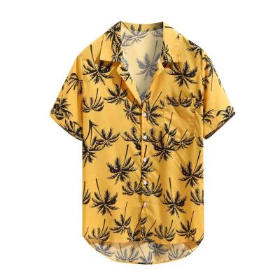 China Anti-pilling Stain Streetwear Maple Leaf Printed Custom Logo Men's Hawaiian Oversized Shirts Summer Short Sleeve Beach Shirts for sale