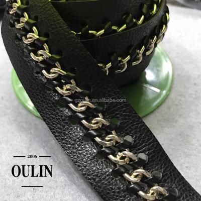 China Durable PU leather bands with chains on the design can be customized different colors lace up trims for sale