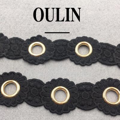 China Viable Hot Selling Eyelet Lace Trims Black Color Lace Design With Metal Eyelet Trims Garment Accessory for sale