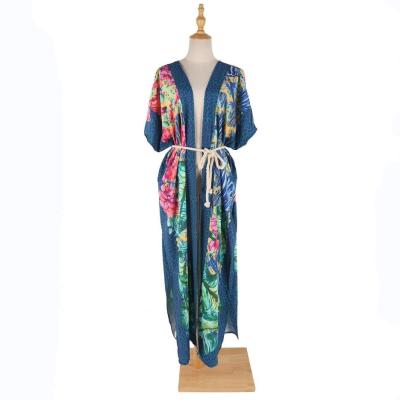 China 100% Polyester Floral Print Kaftan For Women Girls 2021 Summer Oversized Printed Shawl Beach Suit Kimono Cape For Bikini for sale