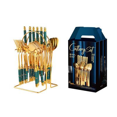 China Viable Dining Utensils Gold Stainless Steel Handle Cutlery Set Fork Knife And 24pcs Ceramic Spoon With Box for sale