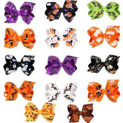 China Wholesale Environmentally Friendly Halloween Party Hair Clips Skull Pumpkin Spider Grosgrain Ribbon Bowknot Bow Hair Clip For Girls Kids for sale