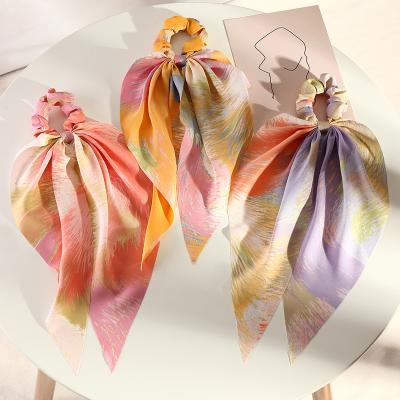 China 2021 Fashion Girls Hair Scrunchies Colorful Eye-Catching Tie Dye Women's Long Scarf Chiffon Hair Scrunchies For Hair for sale