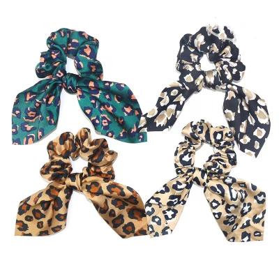 China Wholesale-Attractive Leopard Animal Print Scrunchies Rabbit Ear Hair Scrunchies Stain Cloth Small Bow Knotted Scrunchy Hair Scarf For Girls for sale