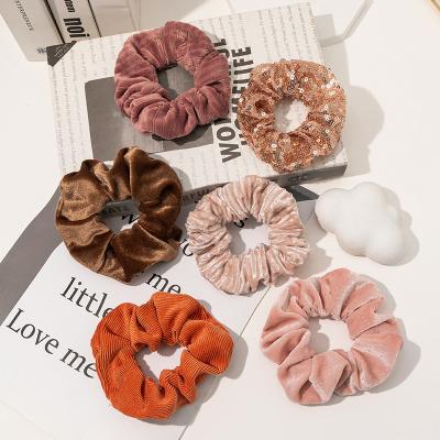 China Autumn Winter Fashion Scrunchy Hair Ties Vintage Korean Multi Stripe Pleated Glitter Velvet Scrunchies Pleated Glitter Velvet Scrunchies For Women for sale