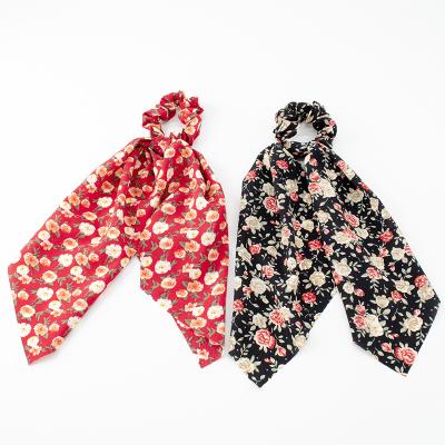 China 2021 New Design Girls Chiffon Hair Scrunchies Attractive Floral Chiffon Hair Scrunchies Soft Elastic Scrunchies Pink Flowers Small Long for sale