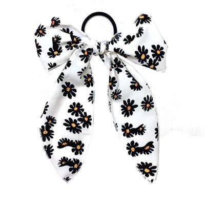 China Attractive Daisy Flowers Printed Bowknot Rubber Hair Ties With Scarf Satin Hair Scrunchies For Girls for sale