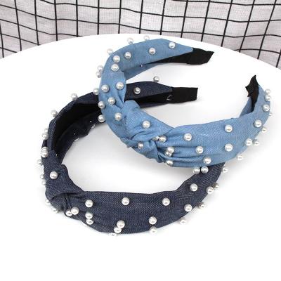 China Sweet+Vintage Newcomer 2021 Blue Jeans Hair Band Tied Beads Embellished Black Blue Denim Headband for sale