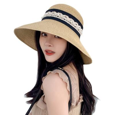 China New Style Striped Girl Straw Bucket Hat With Pearl High Quality Lace Up UV Protection Straw Hat for sale