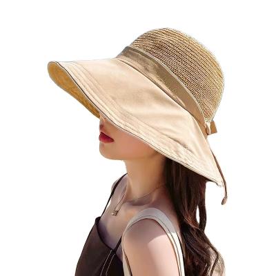 China Wide Knot Summer Bow Hat Beach Image Women Foldable Brim Sun Knitting Straw Hat for sale