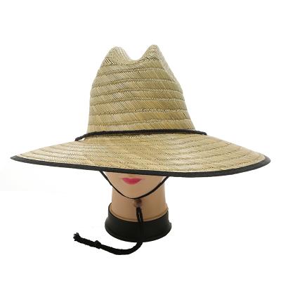 China Eco-friendly summer under the brim printing fabric sombrero straw beach surf lifeguard beach straw hat with woven label patch logo for sale