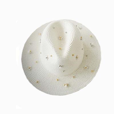 China Image Straw Fedora Hat For Women Fine Braid Wide Brim Sun Beach Panama Hat With Pearl for sale