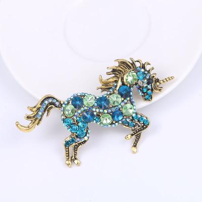 China Factory Direct Sale Environmental Friendly High Quality Antique Gold Plated Green or Coffee Crystal Rhinestones Unicorn Jewelry Brooch Pin for sale