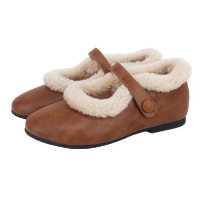 China CHOOZII Waterproof Pretty Brown Waxed Leather+Fur Upper Kids Girls Mary Jane Winter Shoes for sale