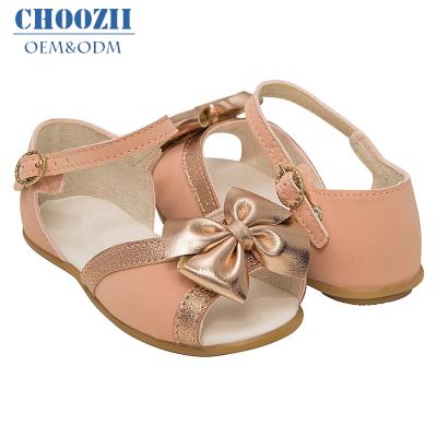 China Guangzhou Factory Logo Genuine Leather Summer Fancy Bow Toddler Girls Flat Custom Sandals Flat Shoes for sale