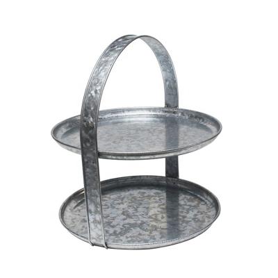 China Sustainable Home Kitchen French Country Style Galvanized Silver Metal Oval Serving 2 Tier Rack for sale