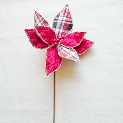 China Hand Made Fabric Poinsettia Christmas Artificial Flower Picks For Christmas Decoration for sale