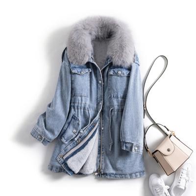 China Customized Waterproof Ladies Faux Fur Collar Washed Women Winter Coat Jeans Denim Jacket for sale