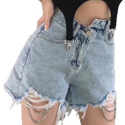 China 2021 Summers Misplaced High Rise Vintage Denim Shorts Breathable Ripped Waist Female Chain for sale