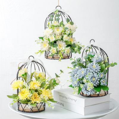 China Nordic Style/Modern Pastoral Fresh Iron Simulation Flower Birdcage Set Flower Arrangement Table Flower Arrangement Bedroom Decoration for sale