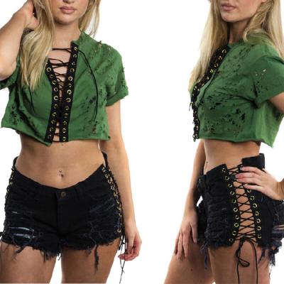 China New Fashion Women's Breathable Lattice Shorts Irregular Ripped Hole Lace Up Tassel Stretch Denim Ladies Short Sexy Short Jeans for sale