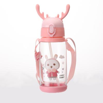 China 2021 Children's Minimalist Plastic Water Bottle With Straw Child Drinks Cute Printing Water Bottle for sale