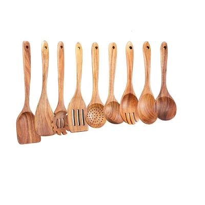 China Sustainable 9 Pieces Teak Wood Kitchen Utensils And Appliances Spatula Leaky Shovel Slotted Spoon Wooden Kitchen Utensils for sale