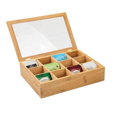 China Recyclable Hot Sale 12 Divided Sections Hinged Lid Packaging Gift Coffee Box Bamboo Tea Storage Organizer Box for sale