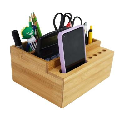 China Packing Items Bamboo Pen Holder Desk Organizer Pencil Holder with 4 Compartments & 5 Holes for Calculator Mobile Phone Remote Control for sale