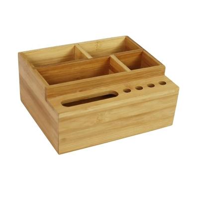 China Packing Items Customized Size 4 Compartments 5 Holes Bamboo Home Office Desk Organizer for Calculator Mobile Phone Remote Control for sale