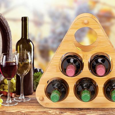 China Sustainable Lightweight Portable Decorative Triangle Shape 6 Bottles Display Bamboo Wine Rack for Counter for sale